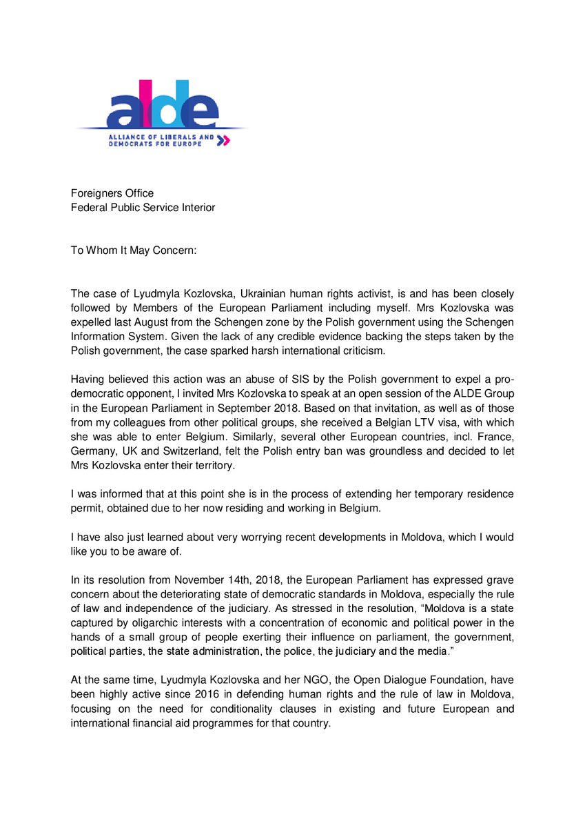 Guy Verhofstadt scrisoare Kozlowska
